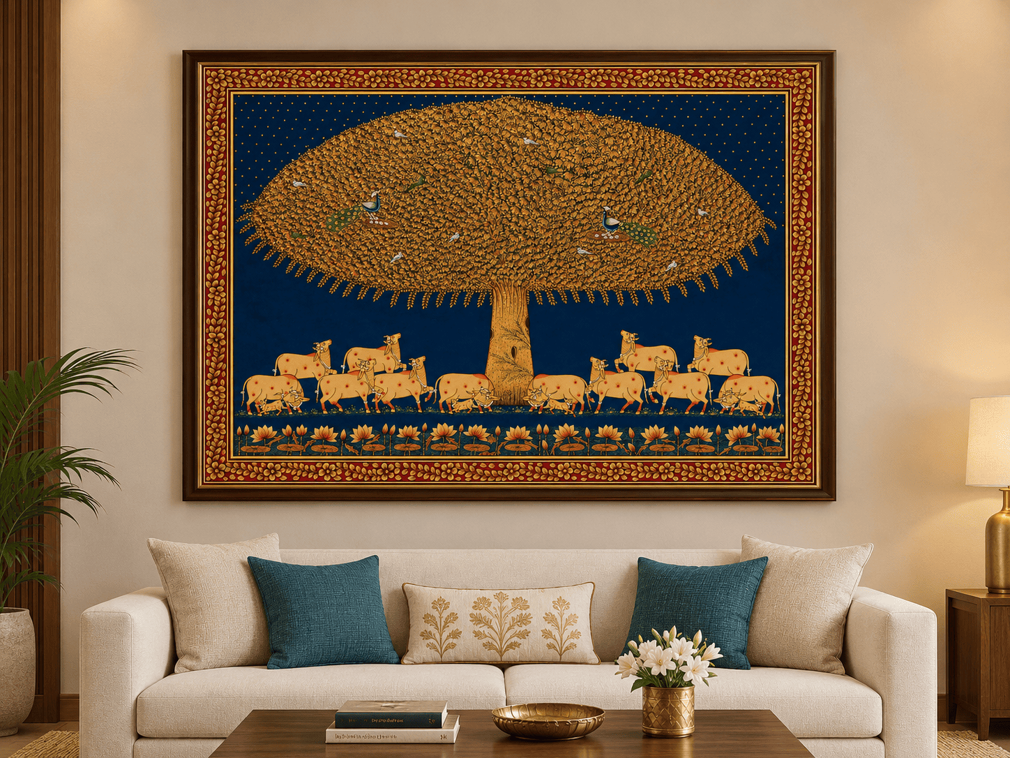 Tree of Life Pichwai Painting – Golden Kalpavriksha with Cows & Peacocks | 48x36 Inch